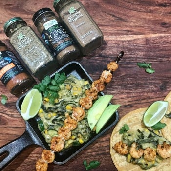 Rajas Poblanas with Spiced Lime Grilled Shrimp