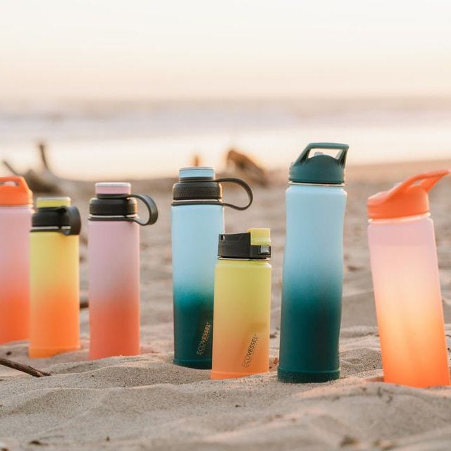 ecovessel water bottles in sand